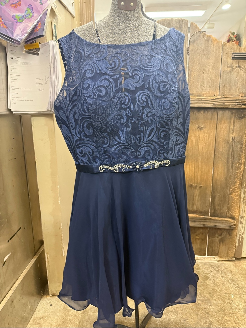 Sleeveless Navy Lace Bodice Midi Dress with Beaded Waist Accent